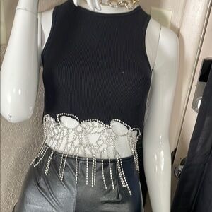 Chic Black Sleeveless Top with Rhinestone Fringe